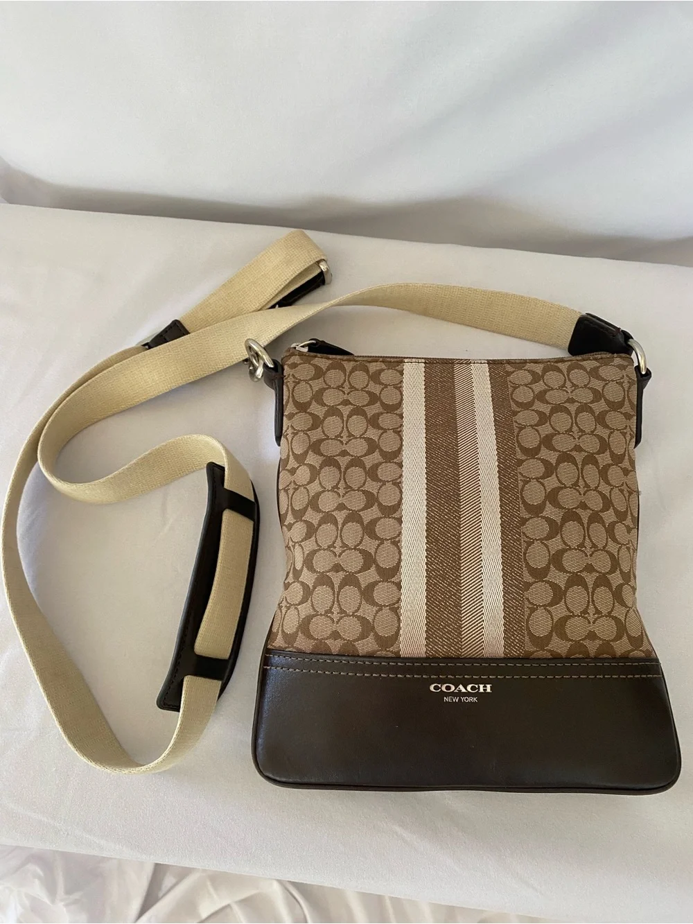 Coach Signature Stripe Crossbody in Brown and Cream